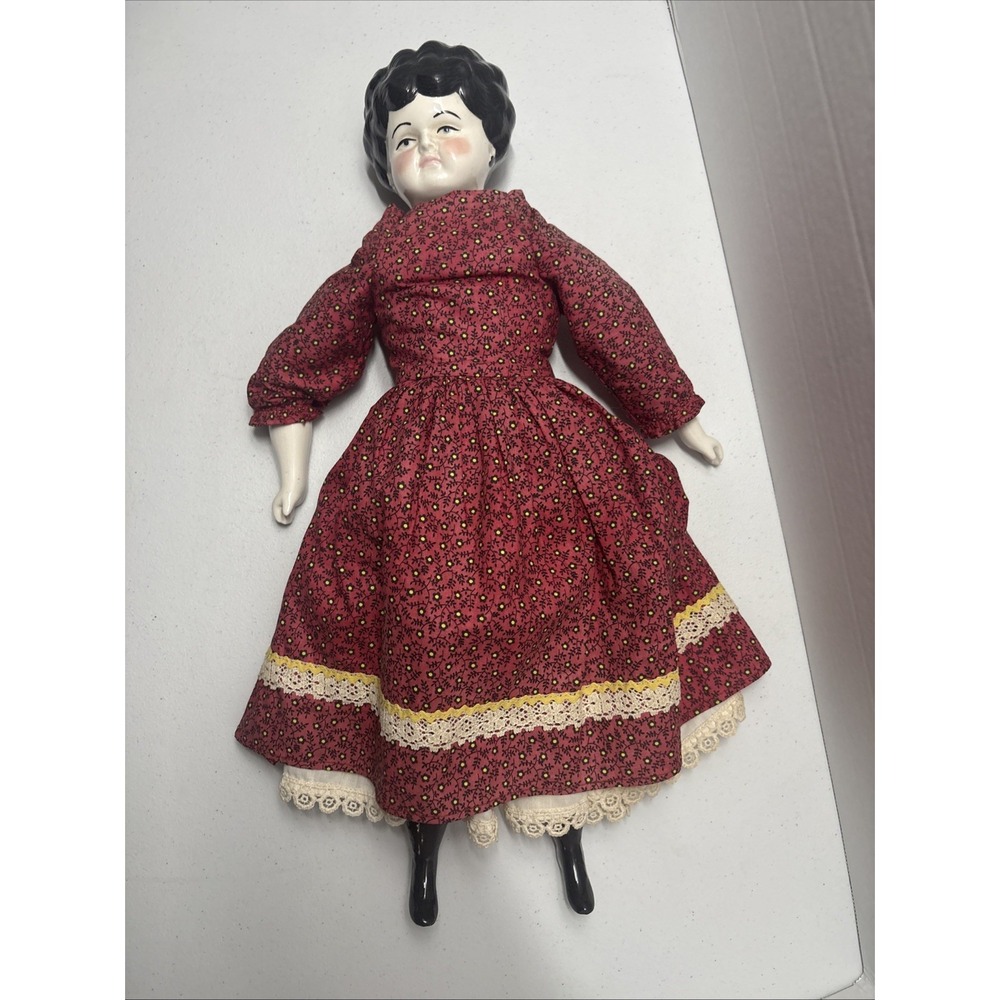 ANTIQUE China Doll 18" Tall Red Dress Black Hair Excellent Condition